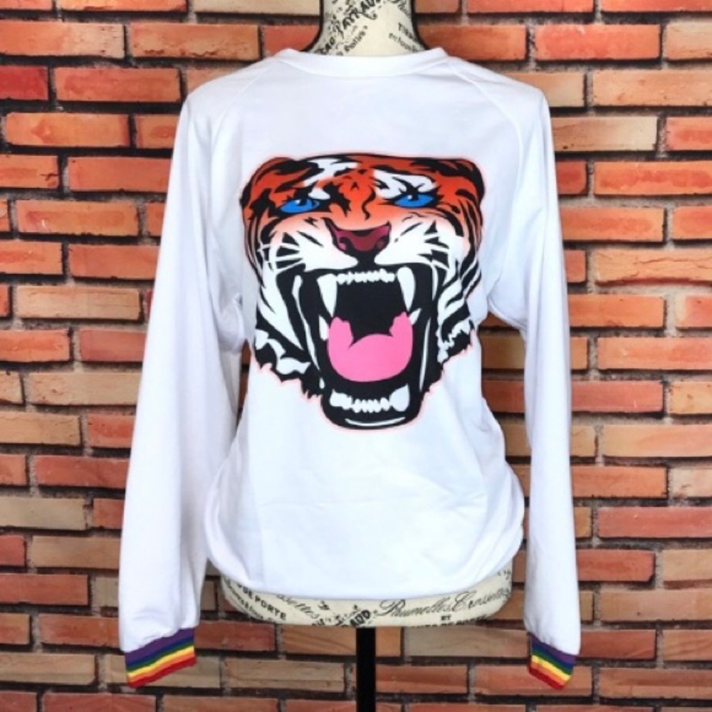 Women’s Tiger White Crewneck Pullover Sweatshirt With Rainbow Pride Cuffs Size M